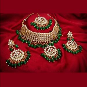 Gold plated kundan stone and beads necklace set
